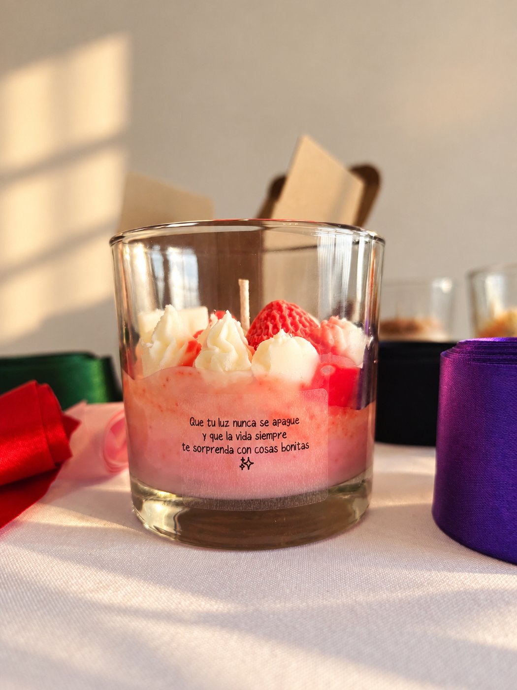 Vela de fresas y crema con una etiqueta que dice: Que tu luz nunca se apague y que la vida siempre te sorprenda con cosas bonitas