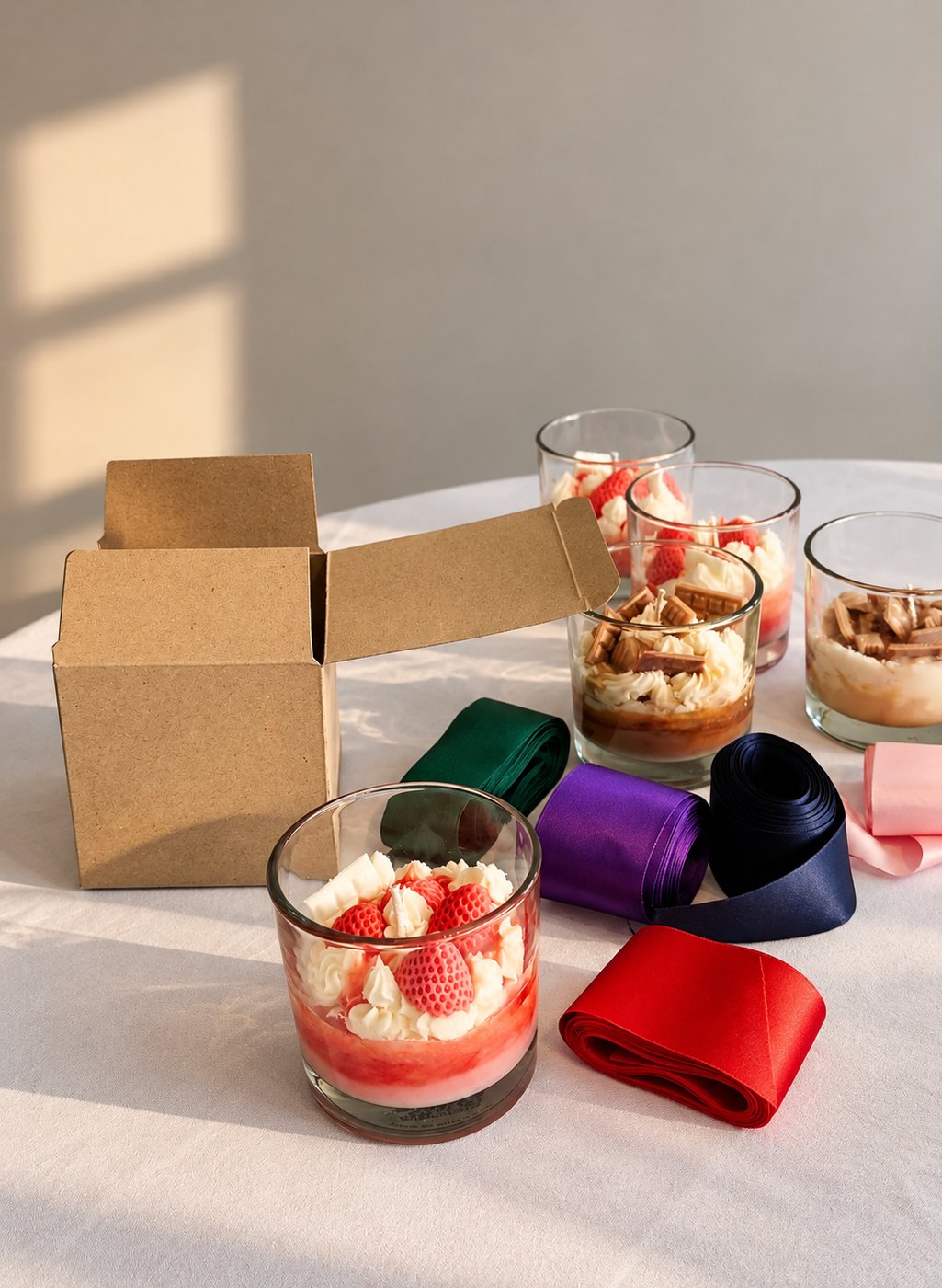 Velas de postre sobre una mesa con una caja de kraft abierta y cintas de colores