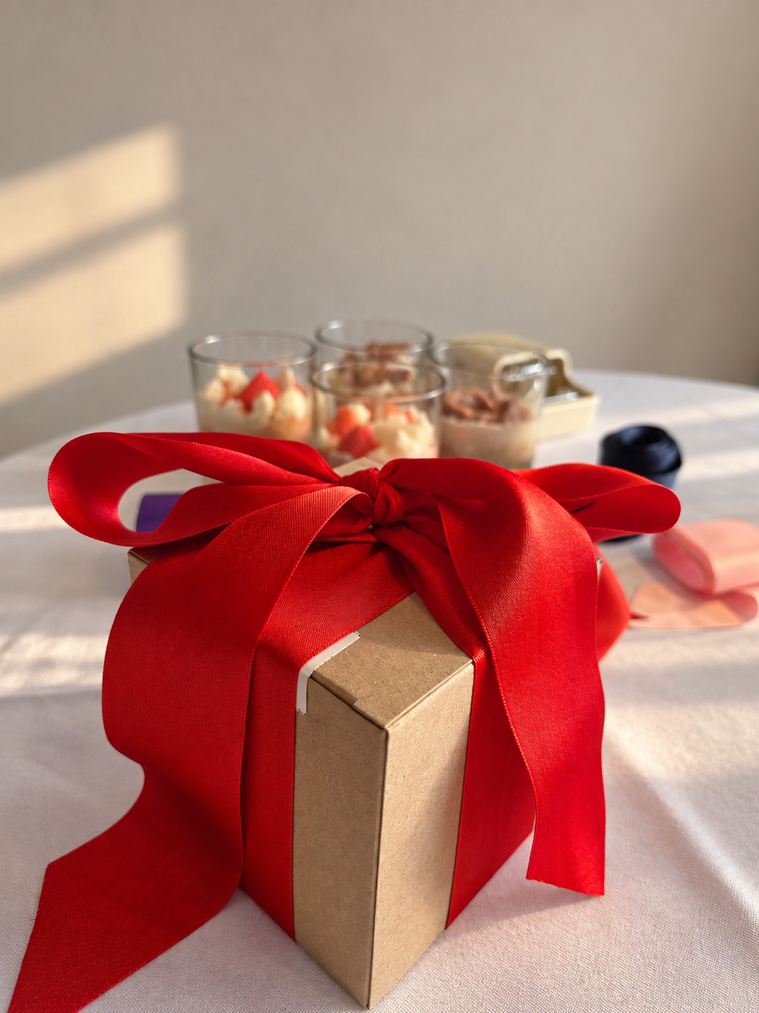 Caja de kraft con un gran lazo rojo de satén, con velas de postre y cintas de colores detrás